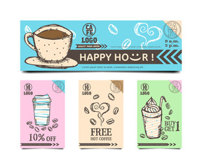 Coupon, voucher, card coffee cup and glass doodle drawing with coffee beans, abstract pattern and long label on color background vector illustration