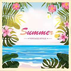 Fototapeta na wymiar Vector summer retro poster background, flowers, beach, vector, illustrations