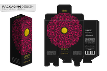 Packaging box design template layout with Mandala abstract art with golden logo vector