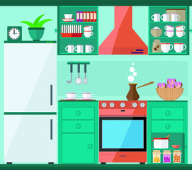 Cozy kitchen with coffee brewed on the stove, dishes and kitchen equipment. Vector set on the theme of cooking.