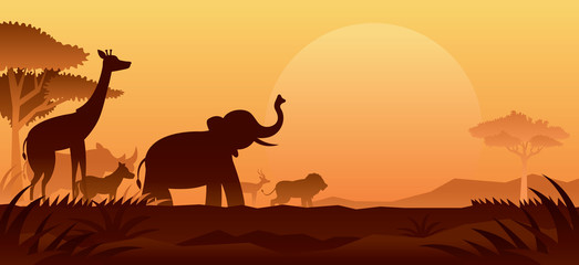 Naklejka na ściany i meble African Safari Animals Silhouette Background