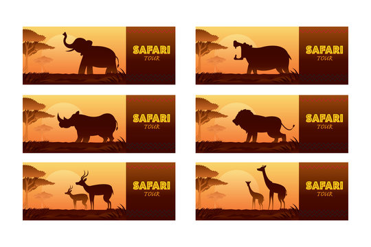 African Safari Animals Silhouette Banner