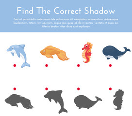 Animals and their shapes shadow matching game vector illustration.