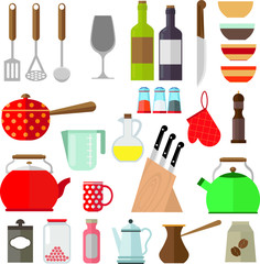A set of kitchen utensils, ladles, knives, spices, seasonings, equipment.