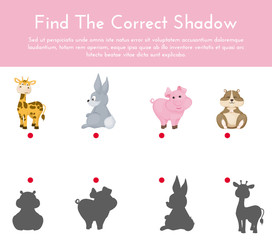 Animals and their shapes shadow matching game vector illustration.