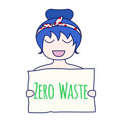 Zero waste concept. Environment protection poster. Zero waste illustration. Smiling girl with Zero waste sign in her hands. Zero waste sign. Vector illustration.