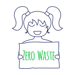 Zero waste concept. Environment protection poster. Zero waste illustration. Smiling girl with Zero waste sign in her hands. Zero waste sign. Vector illustration.