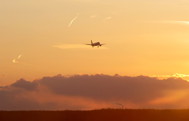 The airplane on a background of the sky landing over the forest at sunset