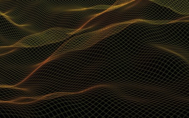 Abstract landscape on a dark background. Cyberspace yellow grid. Hi-tech network. 3D illustration