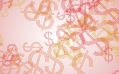 Multicolored translucent dollar signs on white background. Orange tones. 3D illustration