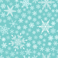 Fototapeta na wymiar Christmas seamless pattern of snowflakes, white on light blue background.