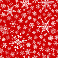 Naklejka na ściany i meble Christmas seamless pattern of snowflakes, white on red background.