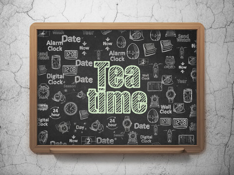 Timeline concept: Chalk Green text Tea Time on School board background with  Hand Drawing Time Icons, 3D Rendering