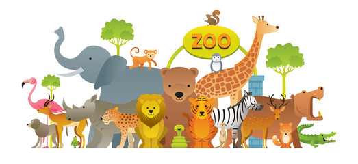 Group of Wild Animals, Zoo, Entrance Sign, Kids and Cute Cartoon Style - obrazy, fototapety, plakaty