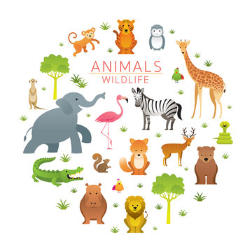 Group of Wild Animals, Zoo, Kids and Cute Cartoon Style