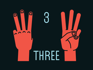 Obraz premium Count on fingers. Number three. Gesture. Stylized hands with index, middle and ring fingers up. Vector.