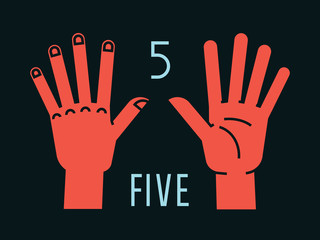 Count on fingers. Number one. Gesture. Stylized hands with all fingers up. Vector