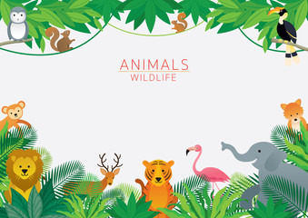 Wild Animals in Jungle, Frame, Kids and Cute Cartoon Style - 213773108