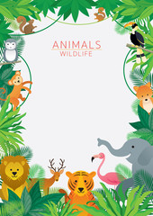 Wild Animals in Jungle, Frame, Kids and Cute Cartoon Style