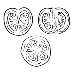 Set a tomato in a cut. Vector outline illustration. Objects separate from the background. Element for menus, illustrations and  your creativity
