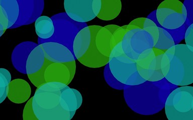 Multicolored translucent circles on a dark background. Green tones. 3D illustration