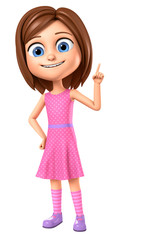 Girl in pink dress points a finger at an empty space on a white background. 3d render illustration.