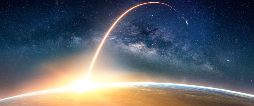 Fototapeta Landscape with Milky way galaxy. Sunrise and Earth view from space with Milky way galaxy. (Elements of this image furnished by NASA)