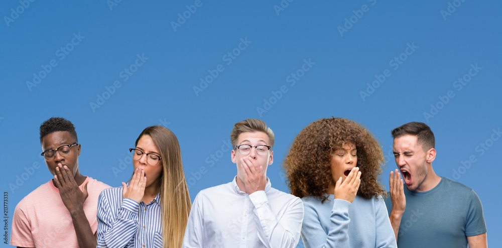 Poster Composition of group of friends over blue blackground bored yawning tired covering mouth with hand. Restless and sleepiness.