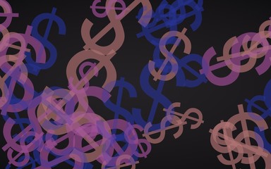 Multicolored translucent dollar signs on dark background. Red tones. 3D illustration