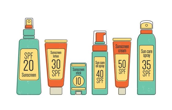 Bundle of SPF sun protection cosmetics in various package isolated on white background. Collection of packaging for sunscreen. Set of tan products in bottles and tubes. Colorful vector illustration.