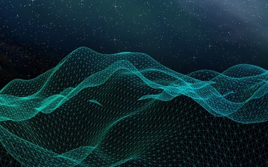 Star horizon. Abstract landscape on a dark background. Cyberspace grid. Hi-tech network. Outer space. Starry outer space texture. 3D illustration