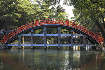 Arch bridge architecture at Sumiyoshi Taisha Shrine in Osaka Japan