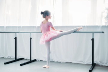 back view of little child in pink tutu exercising in ballet school