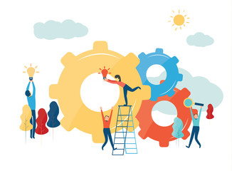 Vector creative illustration of business graphics, the company is engaged in the joint construction of column graphs, raising the career path to success,the concept of success and moving towards idea.