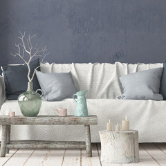 Mock up interior in Scandinavian style with a sofa. 3D rendering