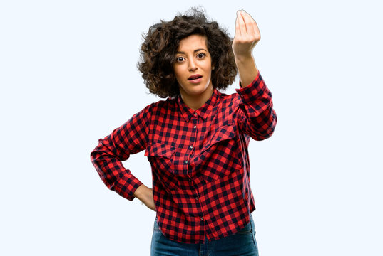 Beautiful Arab Woman Angry Gesturing Typical Italian Gesture With Hand, Looking To Camera