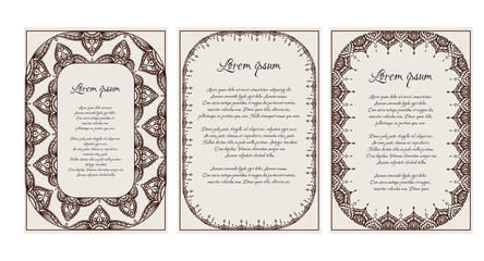 Set of vintage templates with  henna frame, mehendi pattern and a place for the text. Vector element for invitations, menus, thank you letters and your design