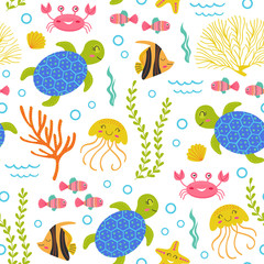 Naklejka premium seamless pattern with turtle and other marine animals - vector illustration, eps