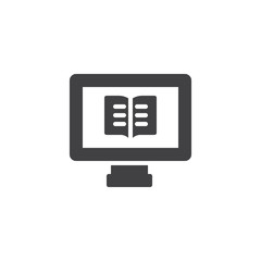 Computer with a book vector icon. filled flat sign for mobile concept and web design. Online reading simple solid icon. Ebook symbol, logo illustration. Pixel perfect vector graphics