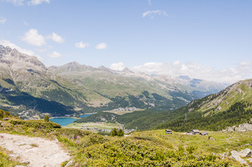 Fototapeta na wymiar Silvaplana, Corvatsch, Wanderweg, Seenplatte, Piz Julier, Piz Nair, Piz Corviglia, Corviglia, Champfèr, Oberengadin, Graubünden, Sommer, Schweiz