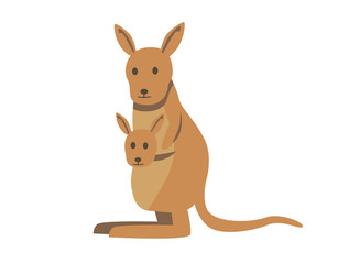 Cute kangaroo with baby. Flat vector illustration. Isolated on white background.