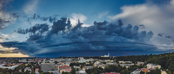 Dramatic sky. Aerial view of Kaunas city center, Lithuania