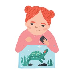Young smiling redhead woman or girl feeding her turtle, tortoise or terrapin living in terrarium. Adorable female cartoon character with domestic reptile. Flat cartoon colorful vector illustration.