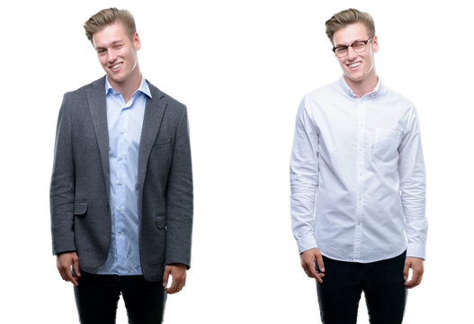 Young handsome blond business man wearing different outfits winking looking at the camera with sexy expression, cheerful and happy face.