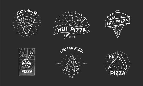 Bundle of monochrome logotypes with pizza slices and wheel cutter hand drawn in elegant vintage style. Vector illustration for label or logo of Italian cuisine restaurant, food delivery service.