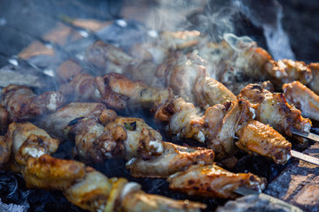The process of cooking chicken barbecue. Picnic.