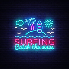 Surfing neon sign design template. Surfing Catch the wave slogan neon emblem, light banner. Summer concepts design. Smartphone in hand. Vector illustration