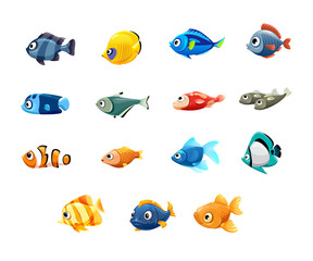 vector set of cute pet shop, fish, tropical fish, aquarium fish, clown fish, sardines, goldfish, sailboat