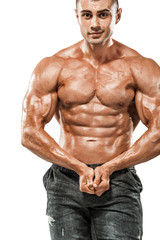 Fototapeta premium Brutal strong muscular bodybuilder athletic man pumping up muscles on white background. Workout bodybuilding concept. Copy space for sport nutrition ads.