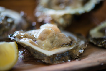 Oysters with lemon on wooden plate.